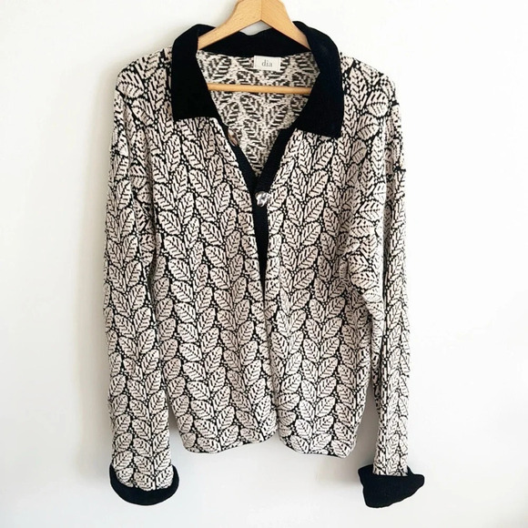 Vintage 90s Dia wool leaf print oversized chunky cardigan sweater size Large - Picture 1 of 12